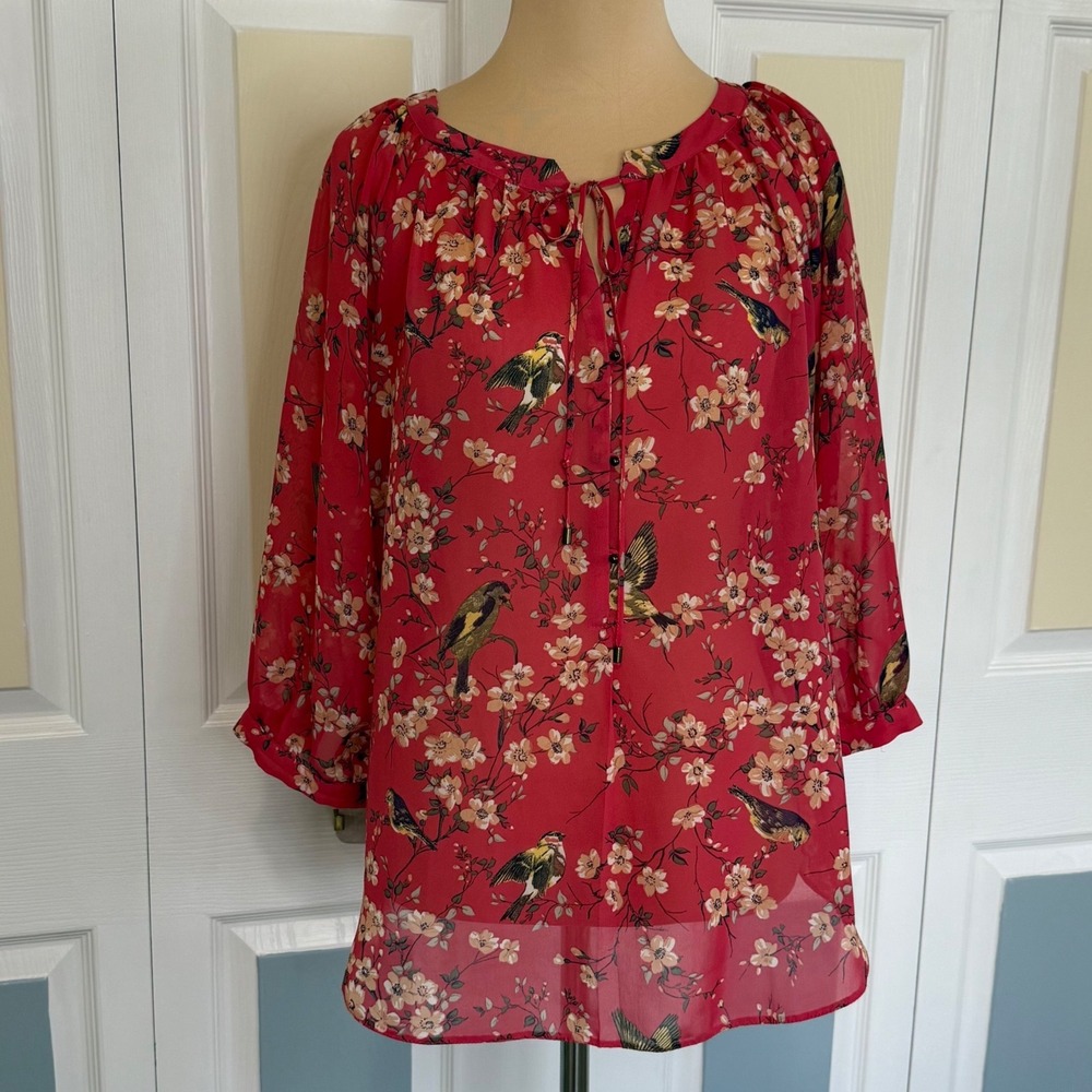 Dunnes Womens Red Floral Bird Print Chiffon Tie Neck Blouse Top Size 12 EUR 40
